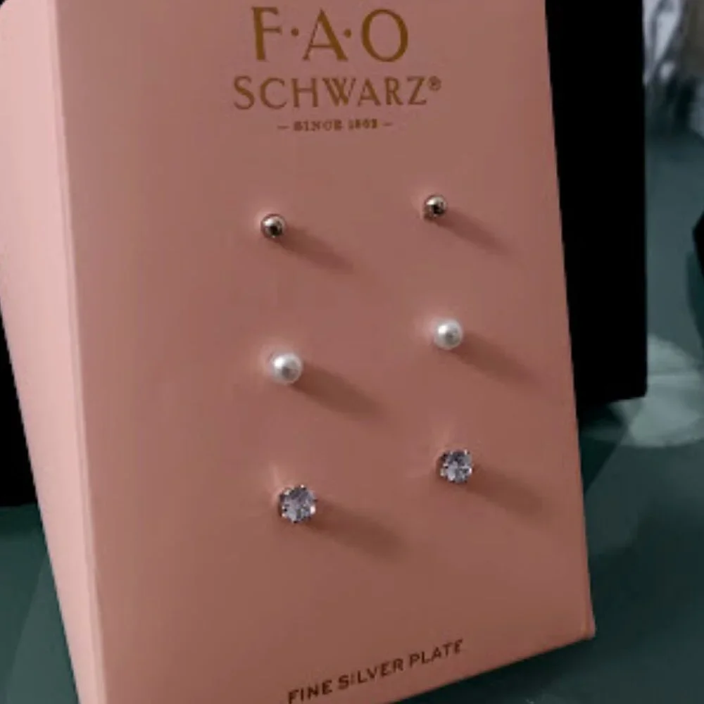FAO SCHWARZ 3pc SET Silver Plated Round CZ/Silver Ball/Pearl Stud Earrings**NEW!